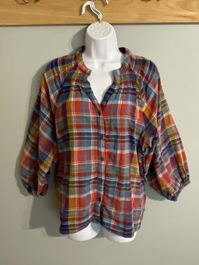 Time and Tru Multi-Color Plaid Smocked Yoke Top Puff Sleeves XL(16-18)